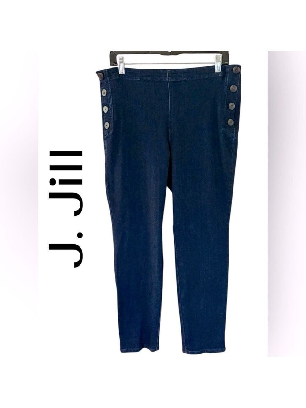 J.Jill-dark wash jeans size 12. “Maritime” side zip. Button details. Slim ankle